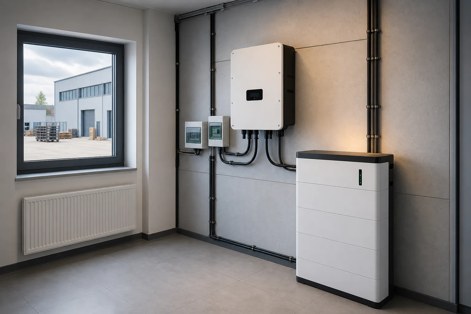 Magazyn energii i falownik w uporządkowanym pomieszczeniu technicznym małej firmy, bez osób