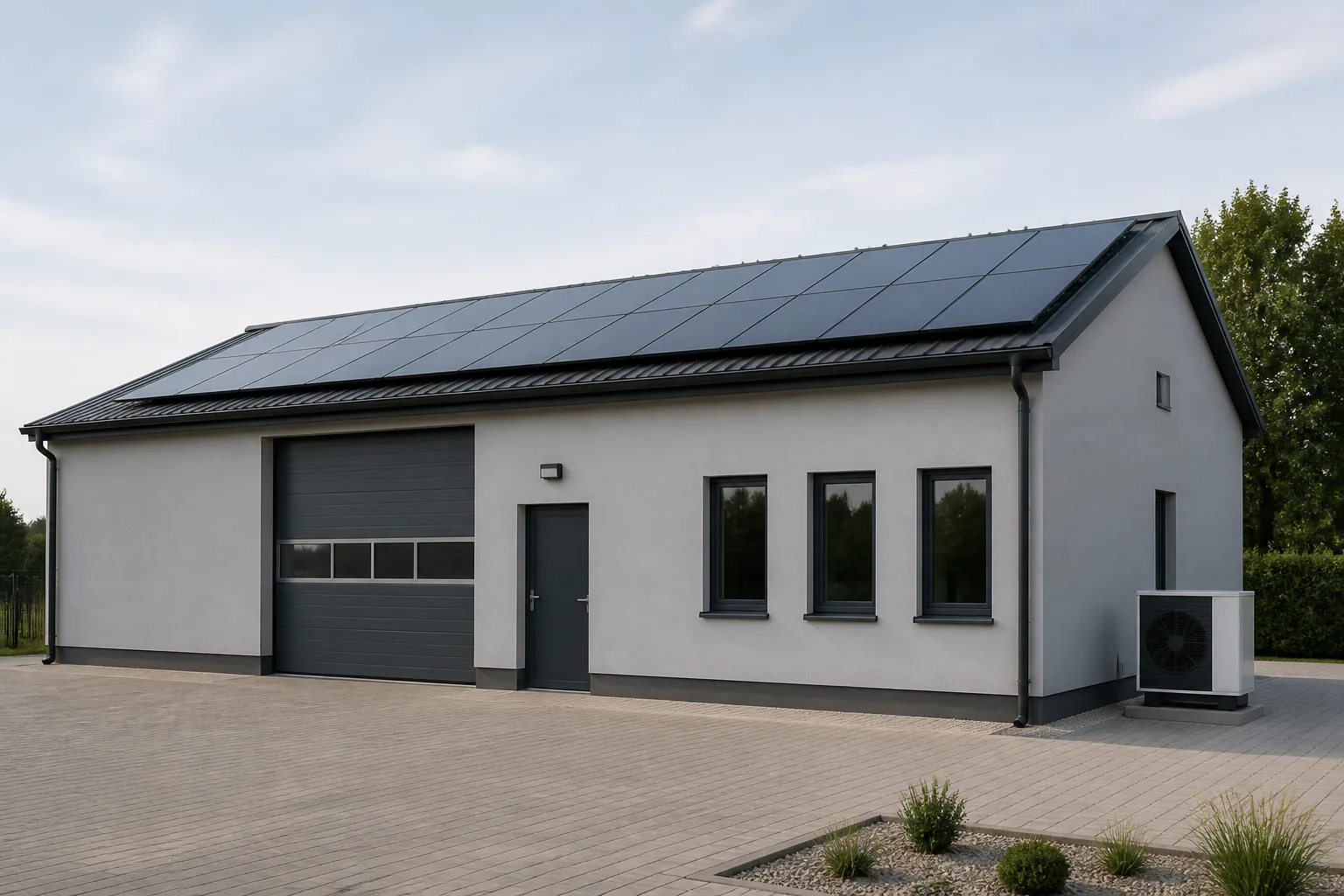 Niewielki obiekt firmowy po modernizacji energetycznej z ocieploną elewacją i panelami PV, bez osób