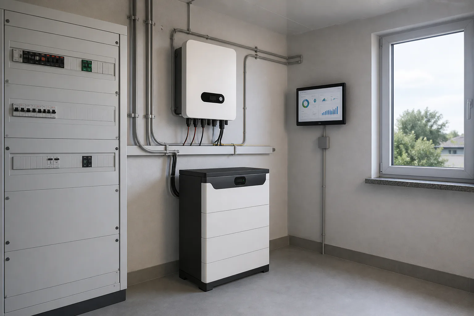 Rozdzielnica, falownik i urządzenia monitoringu energii w firmie, bez osób